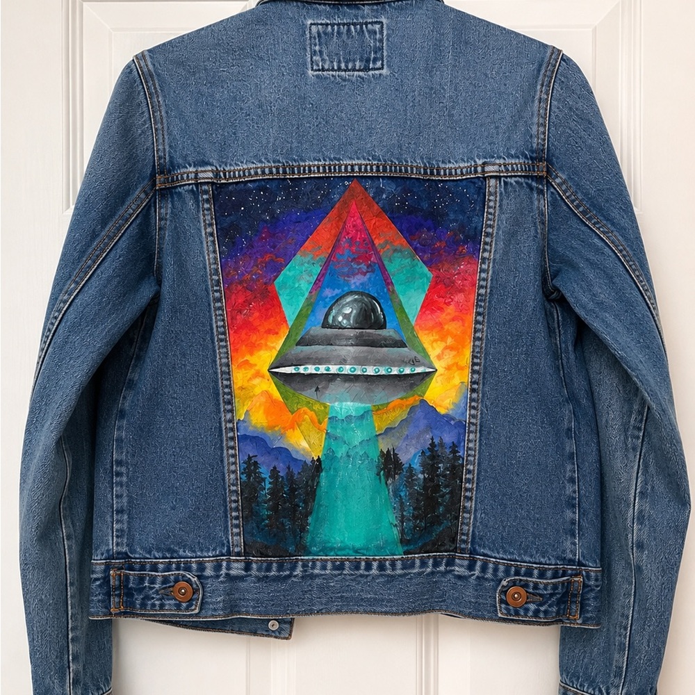Forever 21 Painted Denim Jacket - Teal, Blue, Red, Yellow UFO
